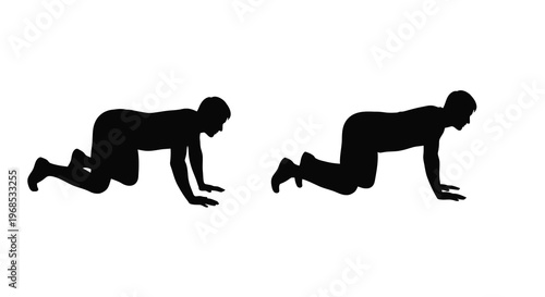 Two silhouettes demonstrate a bear crawl exercise against a white background