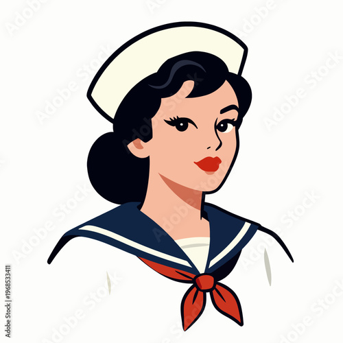 Vintage Flat Vector Illustration of a Young White Female Sailor in a Traditional Navy Uniform and Dixie Cup Hat, Nautical Retro Portrait with a Confident Mood, American Traditional Tattoo Style