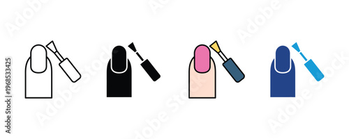 Fingernail with polish brush applicator icon set. Professional manicure, nail salon service, and beauty cosmetic symbols in multiple styles. Vector Illustration.