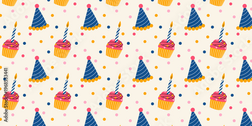 Birthday Seamless Pattern. Seamless birthday pattern with cupcake, candles and party hats in flat style. Colorful festive background perfect for wrapping paper, textile and celebration design.