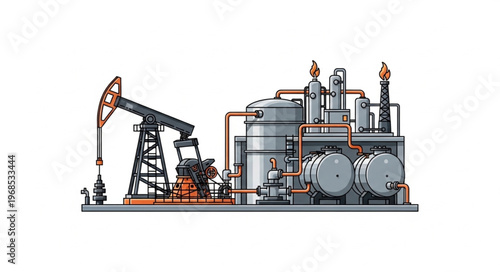 Illustration of an Oil Well and Processing Plant.