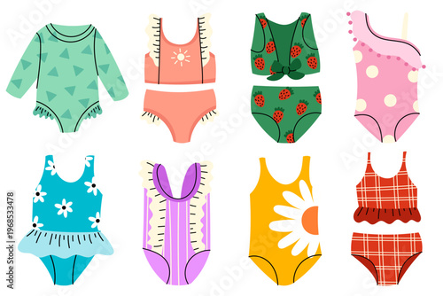 Kids Swimwear Collection Flat Vector Illustration. Cute kids swimwear collection in flat style. Colorful girls swimsuits set with playful patterns perfect for summer, beach, pool and children fashion 
