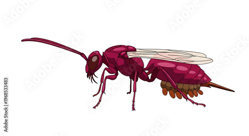 A vibrant pink wasp with a long stinger and transparent wings in a dynamic pose, set against a clean white background.