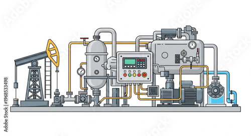 Oil and Gas Production Facility Illustration with Pump Jack.