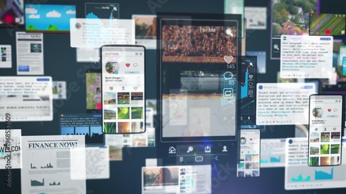 Layered digital screens with social media feeds and profile interfaces floating in depth, highlighting content consumption, algorithm driven recommendations, and immersive mobile browsing experience.