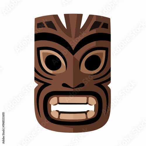 Traditional Polynesian Tiki Mask Vector Illustration, Single Indigenous Totem Wood Carving Graphic, Minimalist Pacific Island Culture Art, Bold Tribal Design Isolated on White Background.