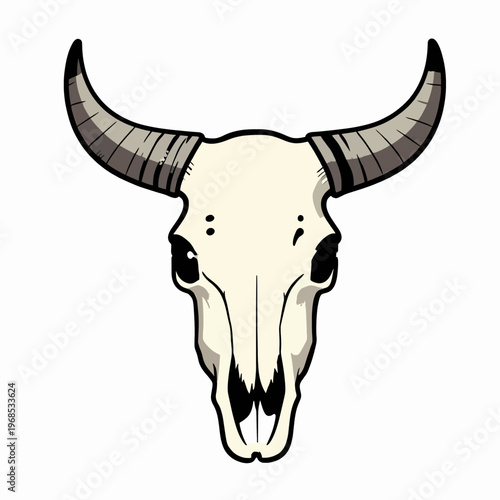 Minimalist flat vector illustration of a single bleached cow skull with large curved horns, hand-drawn ink-sketch style with stippling texture and bold clean lines, isolated on white background