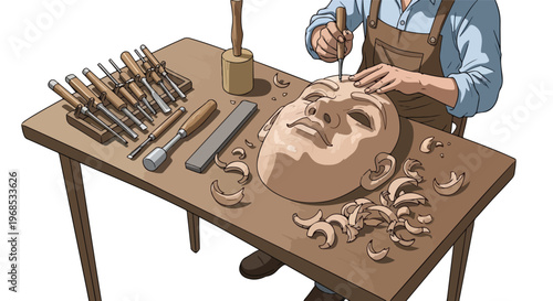 A craftsman carving a detailed wooden human face mask on a workshop workbench