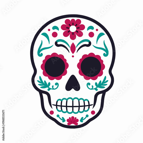 Beautiful Young Hispanic Woman with Day of the Dead Sugar Skull Face Paint and Teal Hair, Wearing Red Roses, Cultural Mexican Holiday Concept, Isolated on White, Flat Vector Illustration