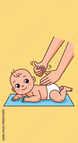 A cartoon-style illustration showing an adult giving a baby a gentle massage
