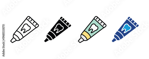Toothpaste tube with tooth symbol and dental hygiene icon set. Oral care healthcare products and morning routine symbols in multiple styles. Vector Illustration.