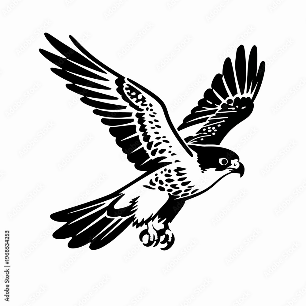 Obraz premium Stunning Black and White Flat Vector Illustration of a Single Soaring Peregrine Falcon Bird of Prey Flying Isolated on White Background Representing Freedom and Power in a Minimalist Nature Concept