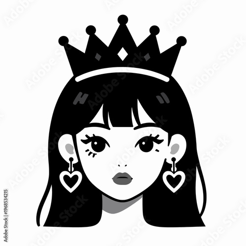 A beautiful young East Asian woman wearing a black spiked crown and heart earrings, showing a confident and rebellious mood, punk rock aesthetic, isolated on white background for self love concept.