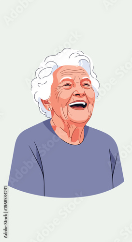 An elderly woman with curly white hair smiling happily in a digital illustration