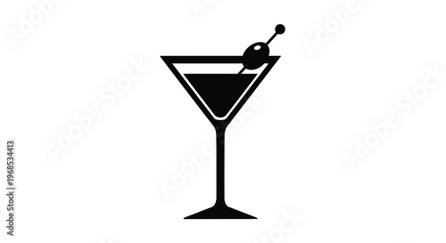 A black silhouette of a classic martini glass with olives on a pick