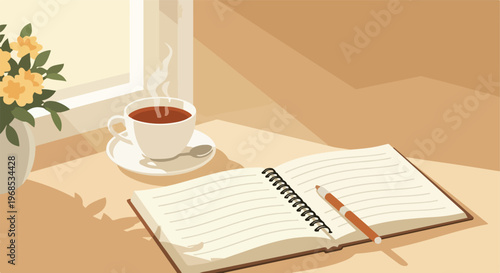 An open notebook with a pen and a steaming cup of coffee by a bright window