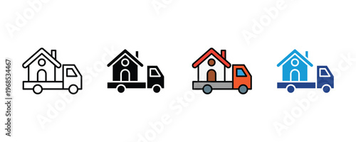 Relocation service truck carrying a house icon set. Real estate moving, logistics, and new home delivery symbols in multiple styles. Vector Illustration.