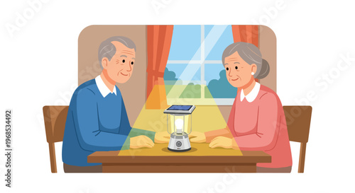 An elderly couple sits at a table together illuminated by a small solar lantern