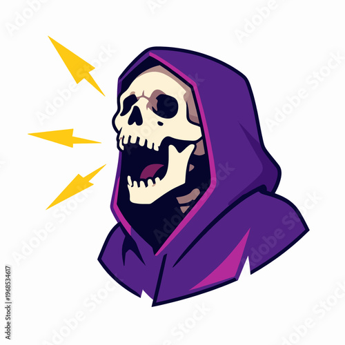 Aggressive roaring skeletal phantom illustration with lightning bolts, hooded skull vector art for gaming and streetwear, isolated supernatural character on white background.