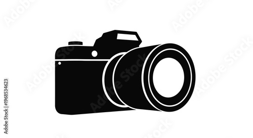 A black silhouette of a digital slr camera with a large lens