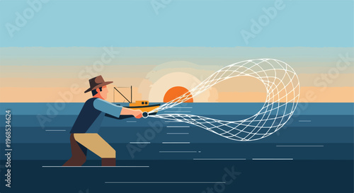 A fisherman in a hat casts a wide net into the ocean during a golden sunset