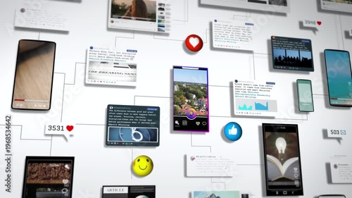 Complex network of digital content panels and mobile interfaces connected by lines, illustrating social media interaction, engagement metrics, and multi platform communication in a clean modern layout