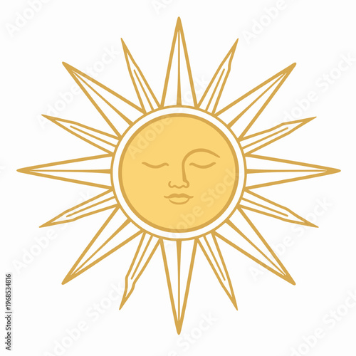 Single mystical celestial sun icon with a serene face in elegant gold line art, minimalist flat vector illustration for tarot astrology and esoteric spirituality concepts, isolated on white background