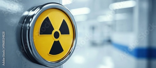 A close-up of a circular button with the radiation hazard symbol, set against a blurred industrial or laboratory background.