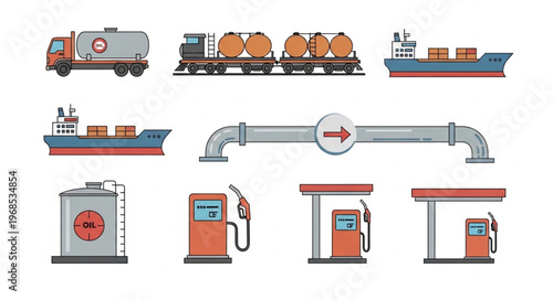 Oil and Gas Transportation and Distribution Infrastructure Icons.