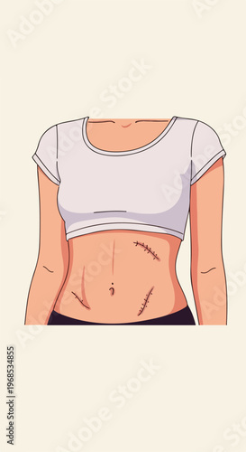 A headless torso of a person in a white top showing several abdominal scars