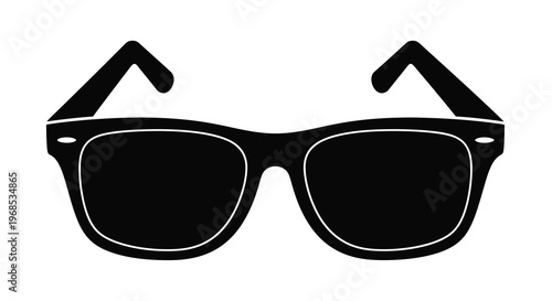 Black sunglasses with a classic wayfarer style are prominently displayed