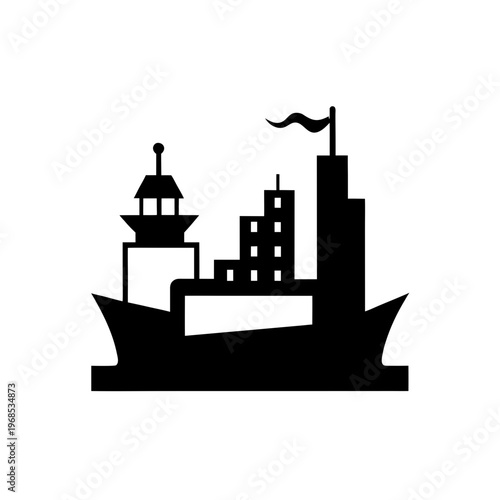 Black and white silhouette of a ship carrying a cityscape on its deck