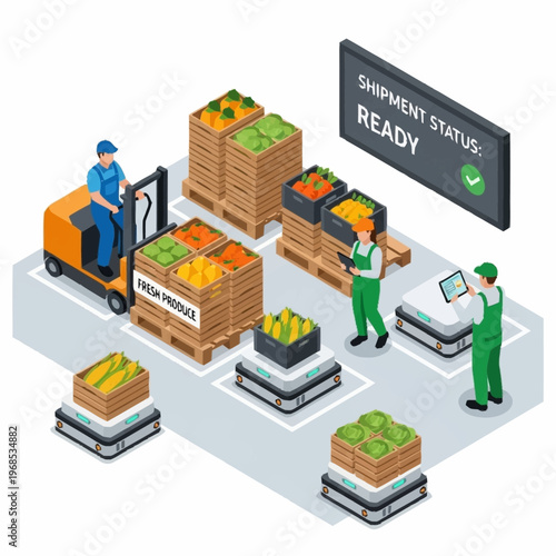 Warehouse workers loading fresh produce onto pallets for shipment.