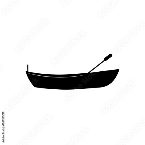 Simple black and white illustration of a small rowboat with a single oar