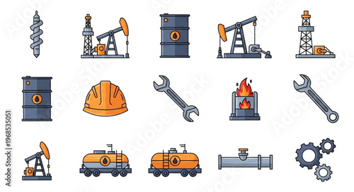 Oil Industry Icons - Drilling Rig, Barrel, Wrench, and Gear Set.