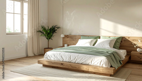 Bright Minimalist Bedroom with Scandinavian Design and Indoor Plant