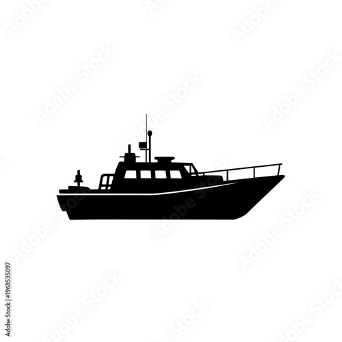 Small patrol boat sailing on calm waters with crew onboard