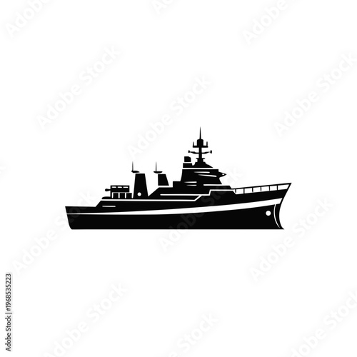 Black and white illustration of a vintage naval warship sailing on calm waters