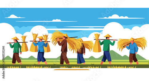 Farmers carrying golden rice sheaves across a rural field under a bright sky