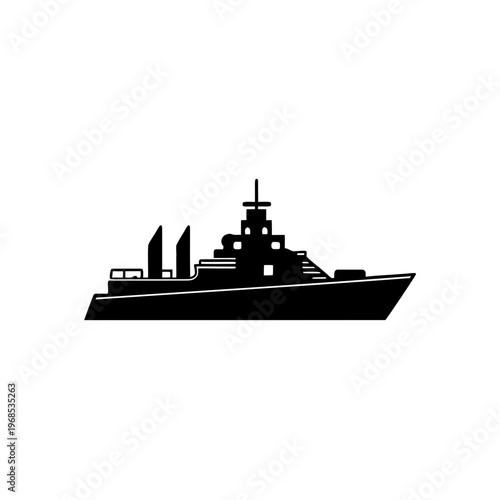 Modern warship sailing on calm waters with radar and communication equipment visible