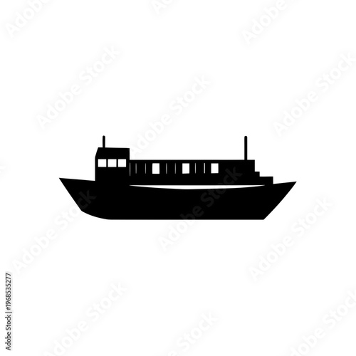 A sleek black silhouette of a modern cargo ship on calm waters
