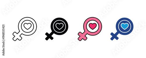 Female gender symbol with heart shape icon set. Women's health, love, and feminine identity conceptual symbols in multiple styles. Vector Illustration.