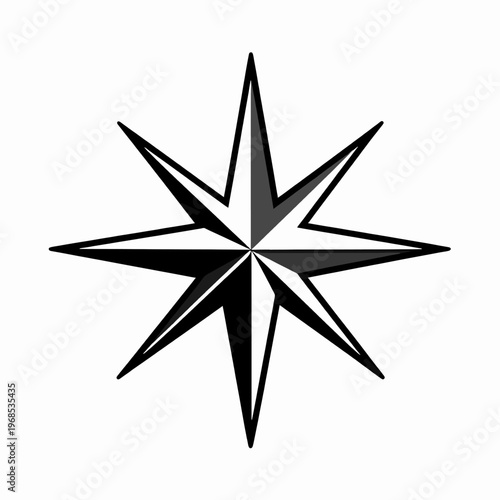 Minimalist black and white flat vector illustration of a single celestial North Star icon with sharp geometric points, isolated on white background for navigation and astronomy concepts.