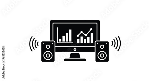 Computer monitor displaying data charts with accompanying stereo speakers