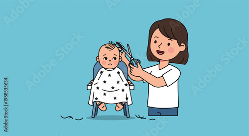 A woman gives a baby a haircut while the child sits in a high chair at home