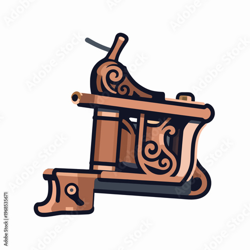 Flat vector illustration of a single ornate vintage tattoo machine with intricate scrollwork, professional tattooist equipment, classic copper and charcoal grey colors, isolated on white background