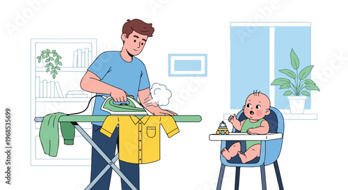 A man is ironing a yellow shirt while his baby sits in a high chair nearby