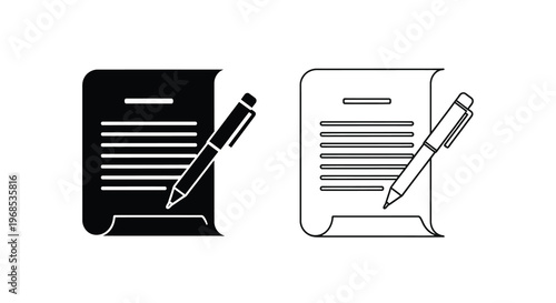 Document and pen icon set solid and outline versions shown