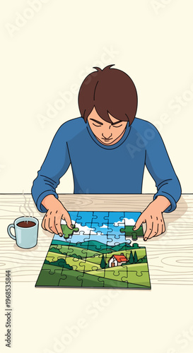 A young man sitting at a wooden table assembling a landscape jigsaw puzzle piece
