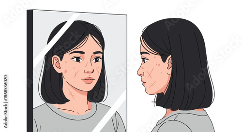 A young woman with facial scarring looks at her reflection in a large mirror